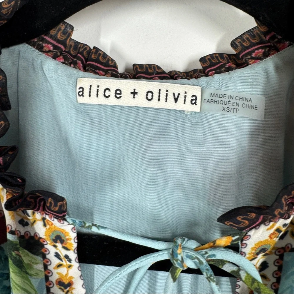 Alice + Olivia Blue Floral Boho Dress Size XS Ruffle Sleeve Tie Neck - Picture 6 of 16